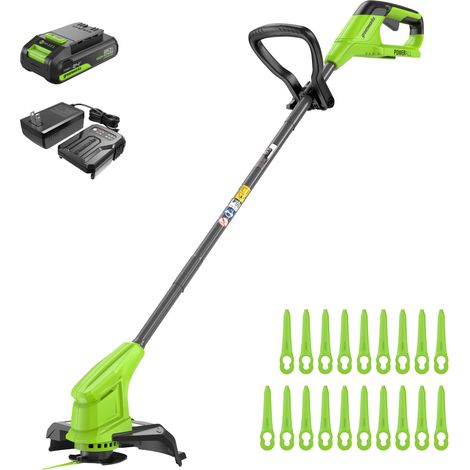 Coupe-Bordures sans Fil pour Moyens Jardins, Hauteur réglable, Largeur de Coupe 25 cm, 20 Couteaux Clients Inclus, Batterie 2.0 Ah et Chargeur, Barre de Guidage télescopique réglable (1/5)
