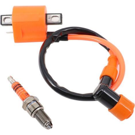 Lot de 2 bobines d'allumage de moto avec bougie D8TC compatibles avec moteurs 4 temps 125-250cc, pour VTT, moto cross, kart, scooter et cyclomoteur, allumage fiable. (1/5)