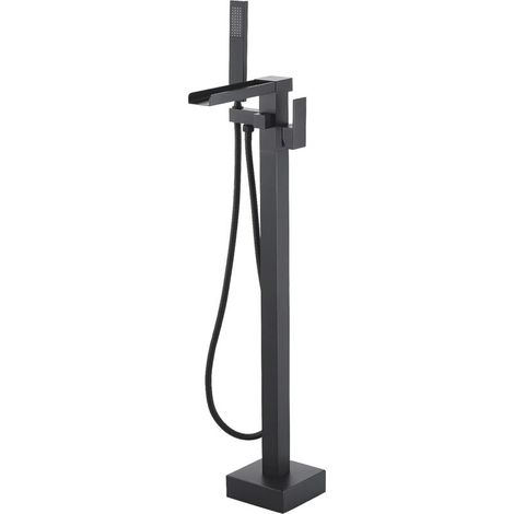 Robinet Baignoire Autoportant Cascade Noir Laiton Mitigeur Monocommande Avec Douchette Raccordement Encastré (1/4)