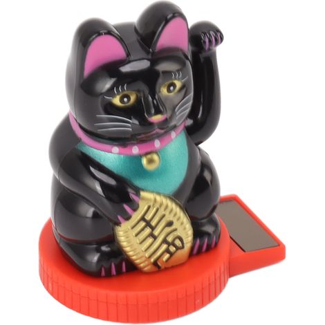 Chat porte-bonheur à énergie solaire, patte levée, symbole de richesse et de fortune. Noir. (1/5)