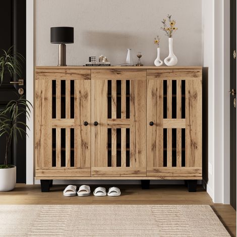 Aparador 120x32x92 cm en tablero de partículas natural, 3 puertas, ahorro de espacio – MEUBLIV (1/5)