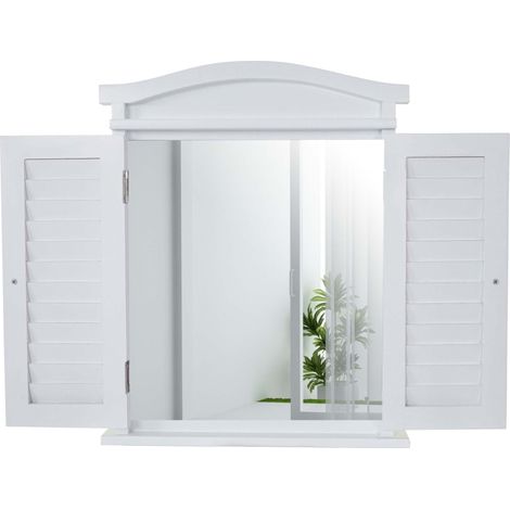 Décoshop26 – Miroir mural fenêtre 53x42cm en bois de paulownia massif et MDF blanc – Charnières métal aspect laiton – 40003704