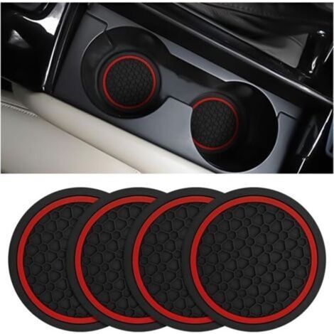 Lot de 4 dessous de verre antidérapants pour porte-gobelets de voiture, 7 cm, pour porte-bouteilles, anti-poussière, pour voitures, camions, camping-cars, etc. (fond noir avec cercle rouge)