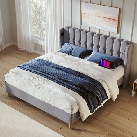 letto matrimoniale 140x200 USB Type-C grigio imbottito HAVRYA (1/5)