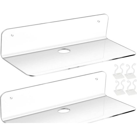 2PCS Étagère Murale Flottante en Acrylique,Etagere Murale Blanche Lot de 2,Etagere sans percer en Acrylique pour Chambre, Salle de Bains, Cuisine, Salon, Bureau, avec 4 Clips Câble (1/5)