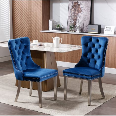Sedia da pranzo imbottita in velluto blu con schienale alto e gambe in legno massiccio,65×50×95cm (1/5)