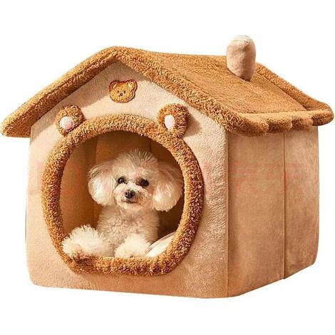 【En stock】Maison pliable pour animaux, amovible et lavable, pour chat ou chiot, avec canapé et lit pour animaux (S2g8marron, 1 pièce) (1/5)