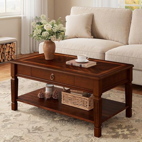 PADMA HOUSE eleganter Massivholz-Couchtisch mit Ablage – original französischer Landhausstil für Wohnzimmer oder Büro zur Dekoration (dunkle Kastanienfarbe, 100 55 45,5 cm)