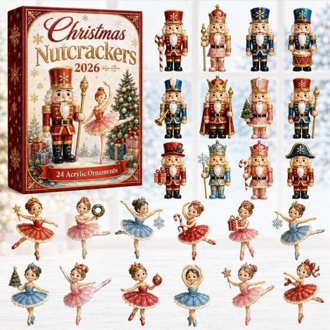 Adventskalender 2026 – 24-teilig – rot, rosa, blau – Acryl – 24 Tage mit Nussknacker und Balletttänzerin als Christbaumschmuck – geeignet für Weihnachten und als Dekoration für den Wohnbereich (1/5)