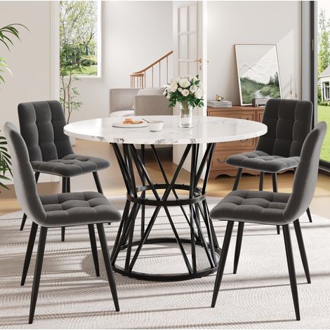 MEUBLIV Set tavolo da pranzo rotondo 100 cm con 4 sedie grigie, piano effetto marmo (1/5)