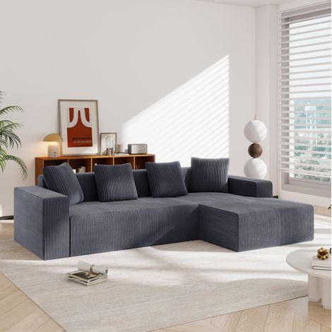 Canapé modulable 261x146x65 cm gris en velours côtelé avec méridienne et assises profondes (1/5)