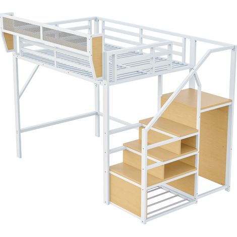 Lit mezzanine 140x200 avec échelle de sécurité et rangement flexible, lit métal adulte enfant superposé, blanc (1/5)