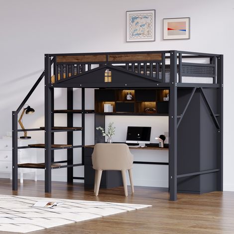 Lit mezzanine 140 x 200 cm, lit enfant avec rangement et escalier, protection antichute, design moderne, Noir