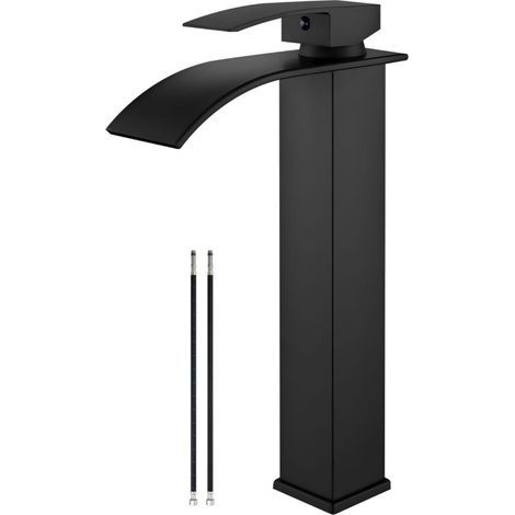 Robinet de lavabo noir mat, robinet de salle de bain à haute cascade, robinet de lavabo monotrou à poignée unique avec grand bec rectangulaire, robinet de lavabo de bar, meuble-lavabo (1/5)