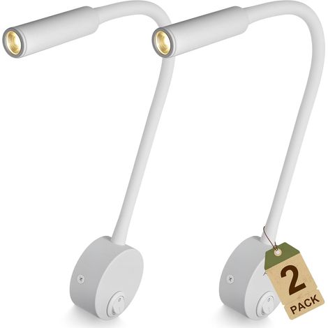 Two white wall lamps, reading nightlights, 3 watts warm white light, with push-button switches. (1/4)