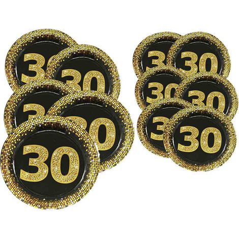 Set 28 Piatti di Carta per Feste di Compleanno 30 40 50 Anni Decorazioni per Party Nero e Oro 30 Anni (1/3)
