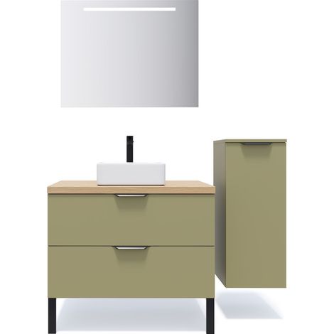 Meuble de salle de bain suspendu vasque à poser 90cm 2 tiroirs Vert olive + miroir + colonne ouverture droite - Soho (1/5)