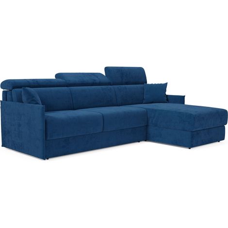 Miryam divano letto angolare compatto - poggiatesta reclinabili e penisola contenitore in tessuto smacchiabile T31 232 cm sinistro blu