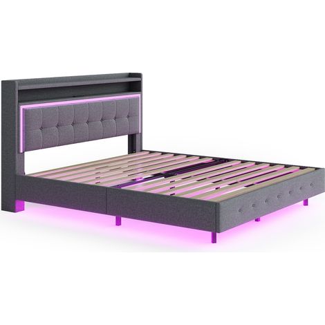 Lit double 140x200 en lin gris, avec prises USB et éclairage LED intégrés, tête de lit escamotable, design à pieds cachés, sommier plat double. (1/5)