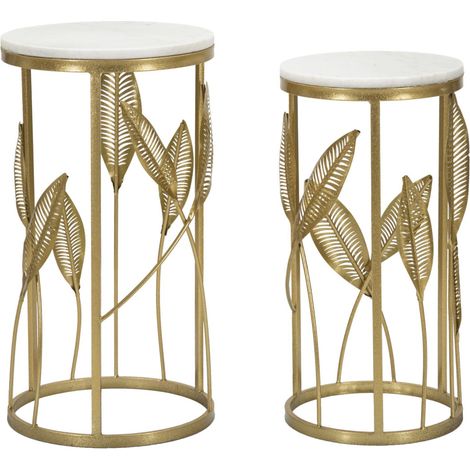 Lot de 2 Tables d'Appoint Effet Marbre "Leaf" 65cm Or