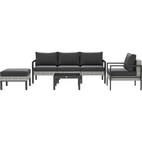 Table jardin 5 places résine tressée noire fauteuils pouf table