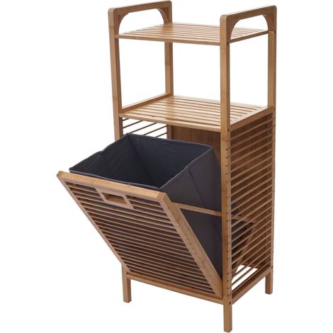 [NON UTILIZZATO] Scaffale con portabiancheria HHG-562 legno bambu a listelle 95x40x30cm