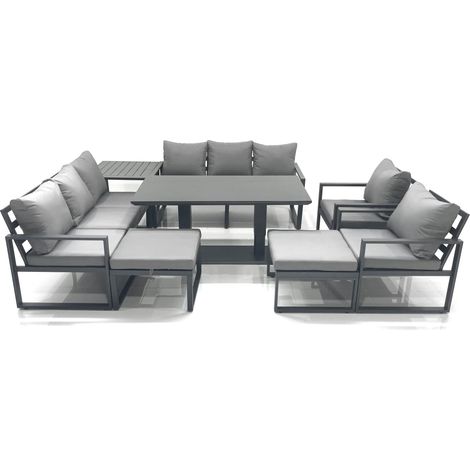 Fimous Garden Sofa Set Aluminium Furniture Rising Dining Tabe Set with 2 Chair 2 Big Footstool Side Table Dark Grey (1/5)