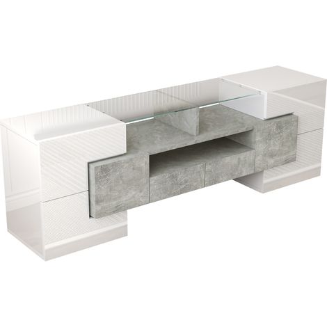 ELVMI Meuble TV avec 6 Portes, 2 Tiroirs et 3 Niches, LED, pour Salon, en Panneaux de Particules, 145×30×51 cm, Blanc (1/4)