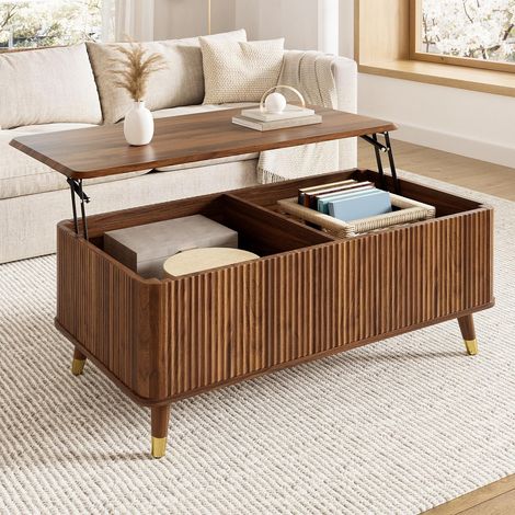 Tavolino da caffè alzabile stile retrò, effetto noce, frontale ondulato, grande vano contenitore, piano sollevabile, gambe in legno, tavolo multifunzione da soggiorno (1/5)