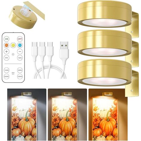 3er-Pack kabellose Bilderleuchten, wiederaufladbare kabellose Fotoleuchten mit Fernbedienung, Fotoleuchten mit 3 hellen Farben, dimmbar, magnetische LED-Malleuchten, Gold (1/5)