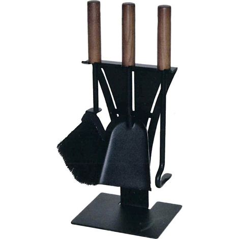 Porta attrezzi camino acciaio nero manico legno 3 accessori h. 43 l. 18 x 15 cm. Made in Italy