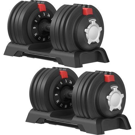 Haltères Réglables, Lot de 2, Kit de Poids 3-24 kg, Rangement Pratique, Musculation à Domicile, Rouge et Noir