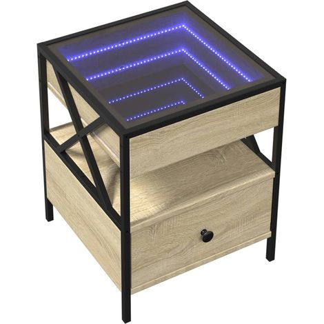 Mesita de noche con cajón y espejo LED 40 x 40 x 51 cm estructura de metal cristal y madera de ingeniería color roble DEC033148 (1/5)