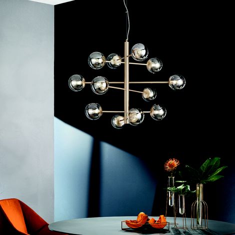 Lampada a sospensione ELISEO 97 cm a 12 Luci in metallo Oro e vetro soffiato Ambra (1/2)