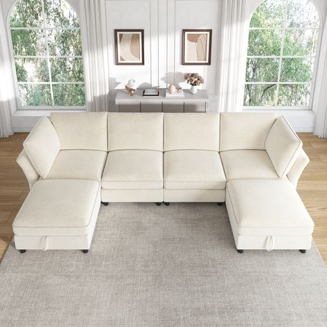 Canapé d’angle modulable 6 places avec 2 poufs et coffres de rangement canapé familial de salon en chenille beige 289x137x84 cm (1/5)