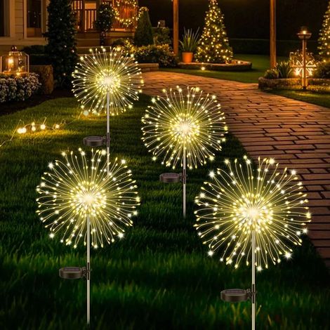 GDHZS-  Lot de 4 Lampes Solaires d'extérieur pour Jardin, Feux d'artifice solaires en forme de pissenlit, 120 LED, 8 Modes, éclairage étoilé, Lampe de Jardin étanche pour Pelouse, allée, Cour, Blanc C (1/5)