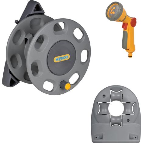 Hozelock 2420 30m Wall Compact Mounted Hose Reel, Hose Guide and 2679 Spray Gun