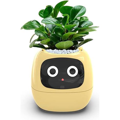Intelligente Blumentöpfe, intelligenter Blumentopf für Zimmerpflanzen, mit 49 reichhaltigen Ausdrücken, 7 intelligenten Sensoren, KI-Chips, LCD-Bildschirmanzeige, APP-Steuerung, Pflanzer Garden Gelb.
