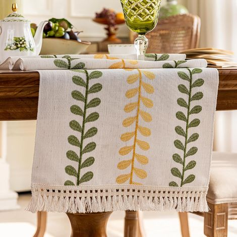 Runner da tavolo ricamato a mano con nappe - Decorazione naturale in stile rustico per tavolo da pranzo, toletta, matrimonio e arredamento per la casa (motivo a foglie, 39 x 180 cm) (1/5)
