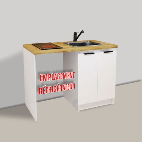 Inoval – Kitchenette blanche 120cm – Meuble mélaminé 16mm – Plan de travail stratifié hydrofuge – Évier inox rectangulaire – Plaque vitrocéramique 3000W