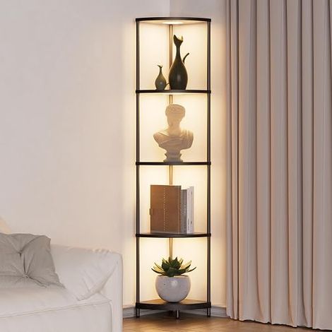Floor Lamp with Shelf Dimmable 2700K-6500K Living Room Floor Lamp 4 Color Temperatures 6 Colors Floor Lamp with 4 Wooden Shelves and Remote Control for Bedroom, Corner, Living Room (1/5)