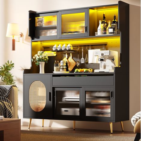 REDOM - Aparador 145x39x171 cm, almacenaje con cajones, panel perforado y LED regulable mediante app, MDF negro (1/5)