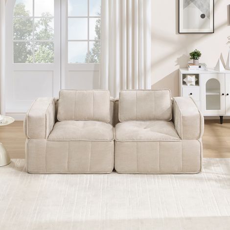 Canapé 2 places modulable angle 198x93x67 sans armature, mousse 32D, assise profonde, doux, sans montage, sable,beige (1/5)
