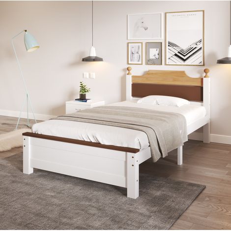 Cama individual color block 90x200 cm, de madera maciza y MDF blanco, con cabecero y piecero, somier de 15 láminas (1/5)