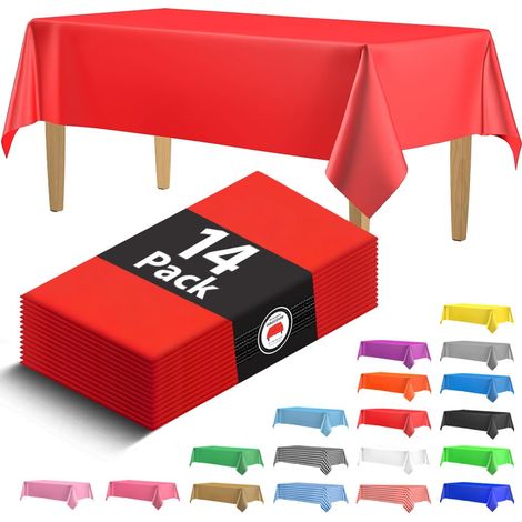 Lot de 14 nappes jetables en plastique rouge 137,2 x 274,3 cm nappes rectangulaires en plastique Couleurs rouge, bleu, noir, blanc, vert, or, rose (1/5)