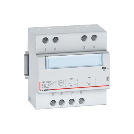 Legrand – Transformateur pour tableau électrique 230V vers 12V ou 24V – 63VA – 5 modules – Protection contre surcharges et courts-circuits