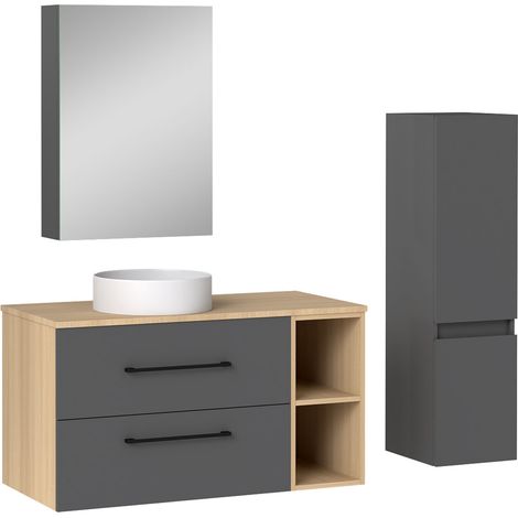 Océan Ensemble meuble salle de bain, Meuble 100 cm avec 2 Tiroirs, Vasque et Miroir de Rangement, Colonne 110cm (1/5)
