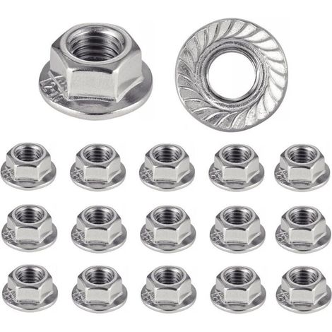 Stainless steel nut with serrated flange M4, flanged washer nuts for 4mm diameter screws, self-locking, hexagonal, DIN 6923 / ISO 4161, A2 stainless steel (V2A / 304), security nut: PACK OF 20 pcs (1/5)