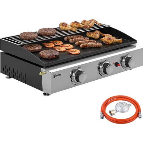 Barbecue à Gaz avec 3 Brûleurs 7,5 kW, Barbecue Portable avec Plaque, Grille Chauffante et Récupérateur de Graisse, Noir