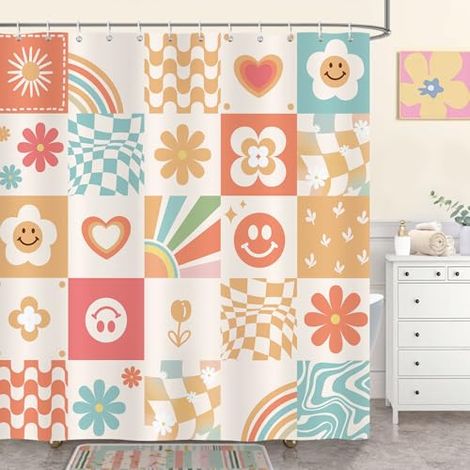 Rideau de Douche Rétro Mignon Fleurs Abstrait Groovy 70s Tissu Polyester Anti Moisissure Imperméable Lavable Rideaux Salle de Bain 180 x 180 cm avec 12 Crochets pour Baignoire (1/4)